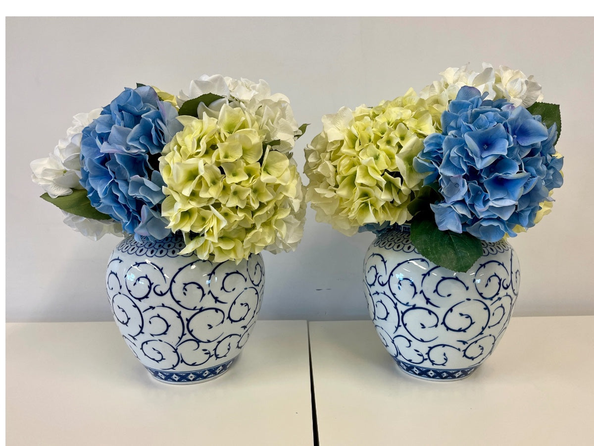 Decorative Hydrangea Floral Arrangements in Vases, Pair