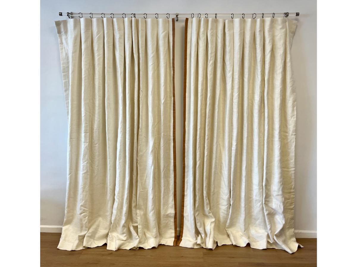Pair of Linen White Window Panels with Trim, One Pair
