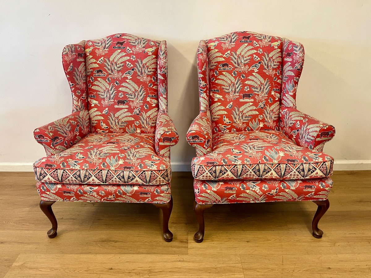 Queen Anne Wing Chairs in China Seas Malay Batik Fabric, Pair