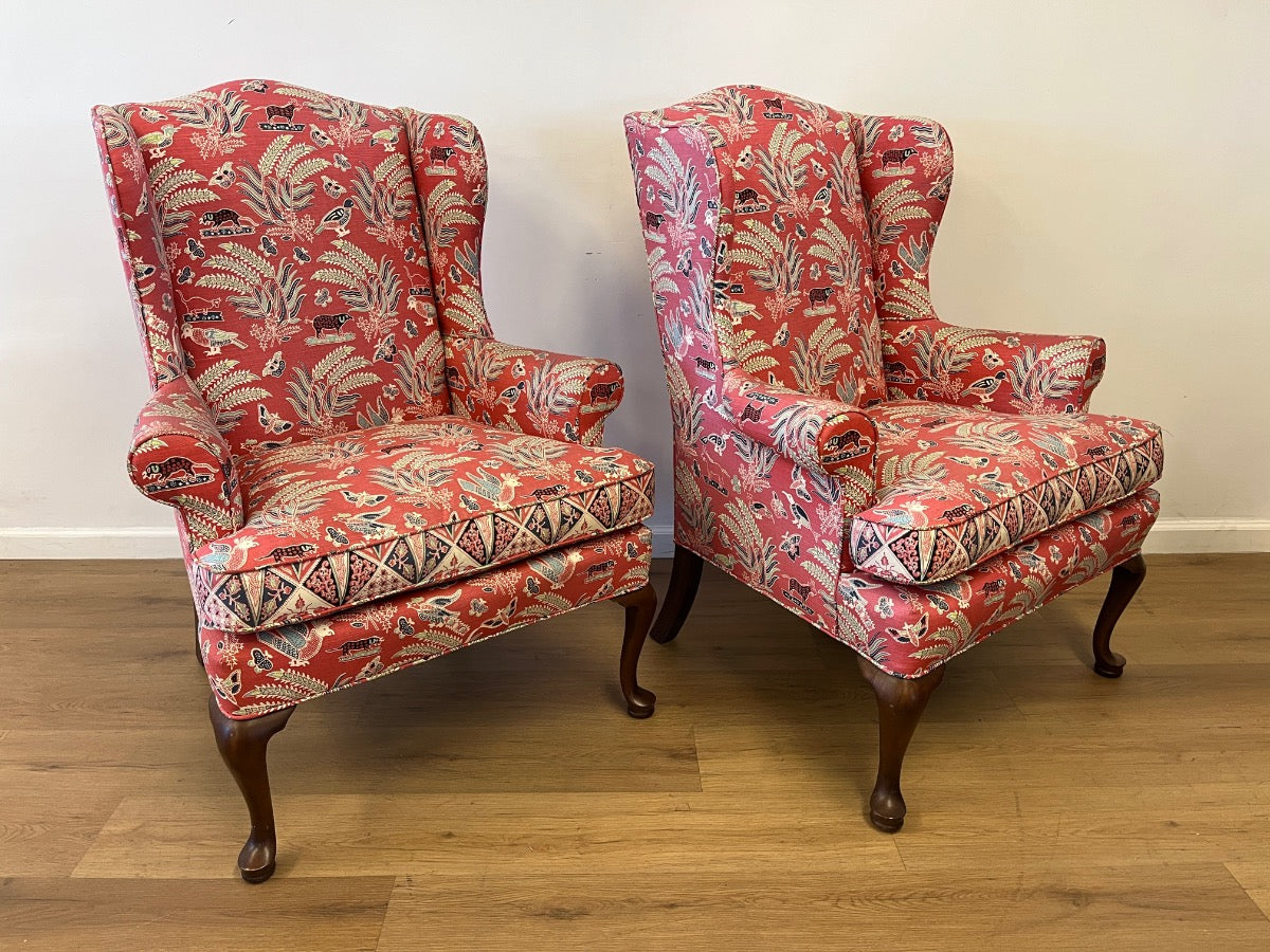 Queen Anne Wing Chairs in China Seas Malay Batik Fabric, Pair