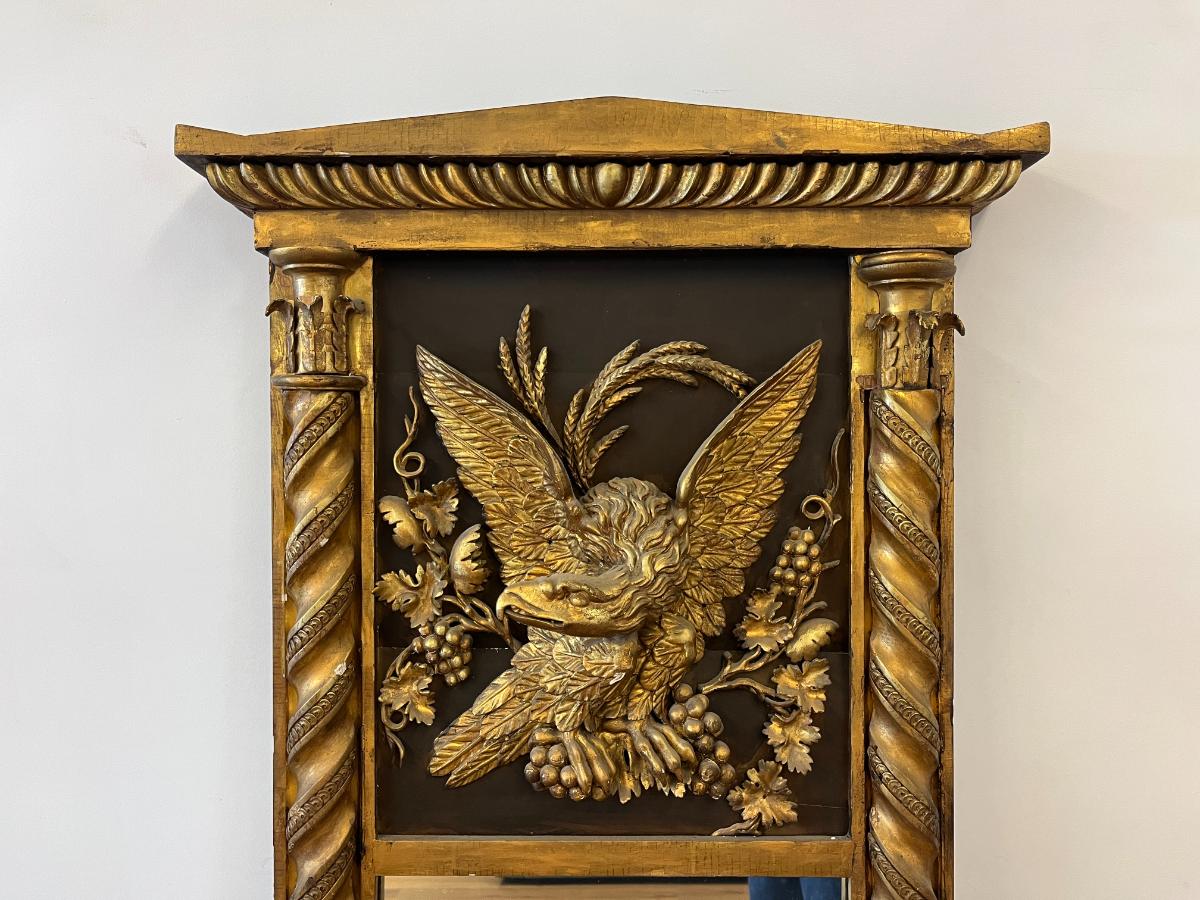 Antique Federal Giltwood and Ebonized Trumeau Wall Mirror