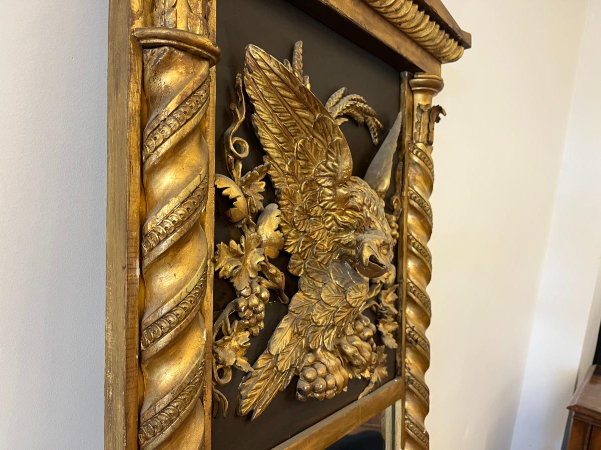 Antique Federal Giltwood and Ebonized Trumeau Wall Mirror