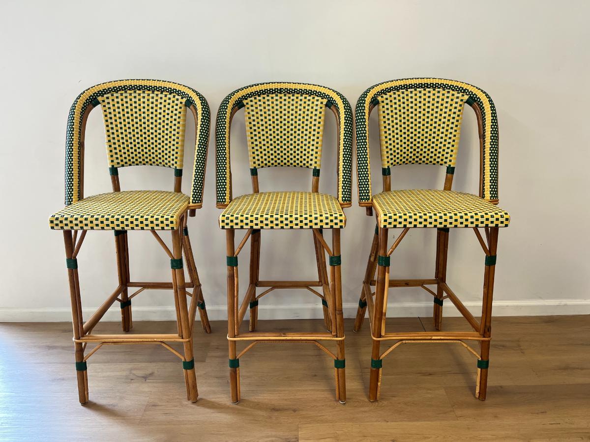 Maison Louis Drucker “Sévigné” Rattan Bistro Barstools, Set of 3