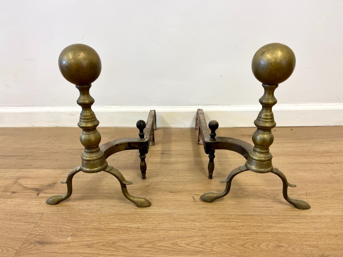 Antique 19th C Federal Brass Cannonball Bed Chamber Andirons