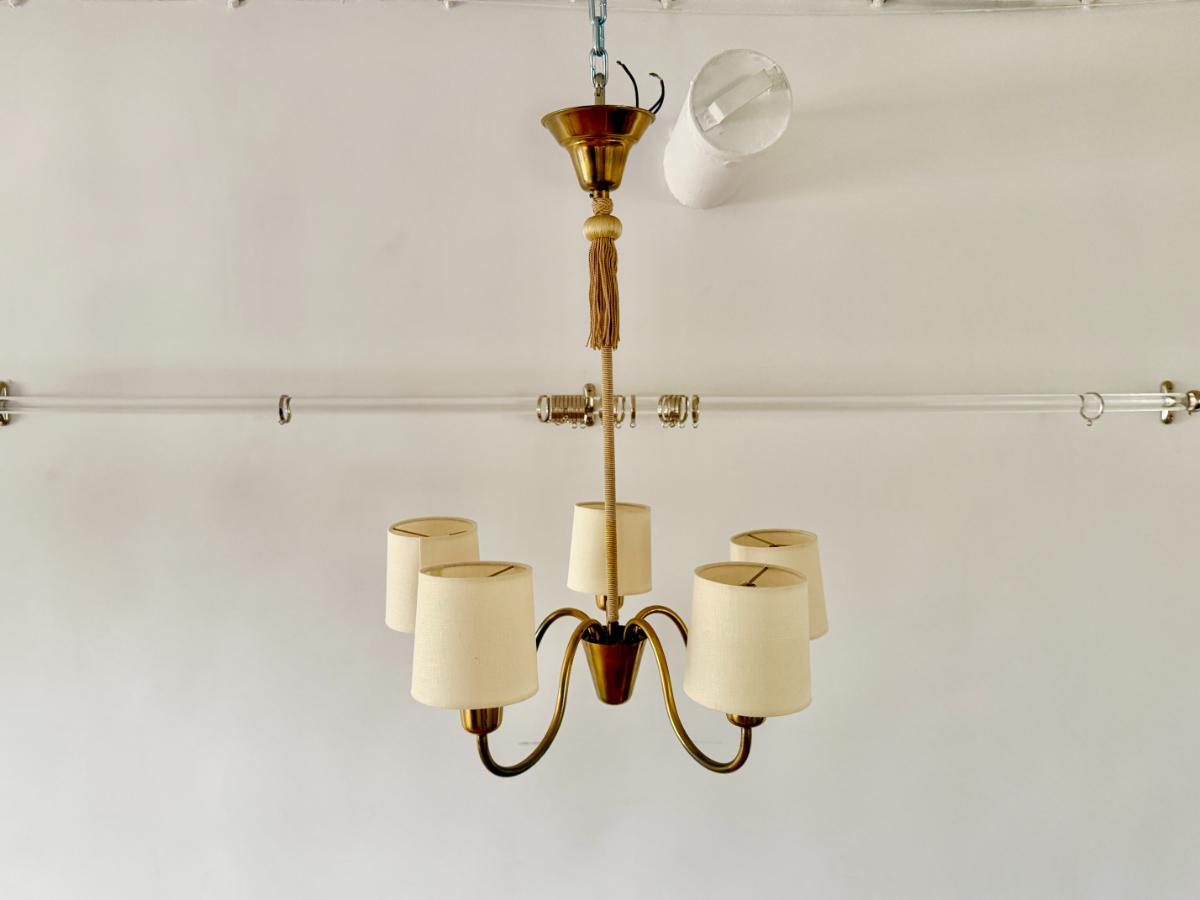 Vintage Swedish Brass & Rope Chandelier