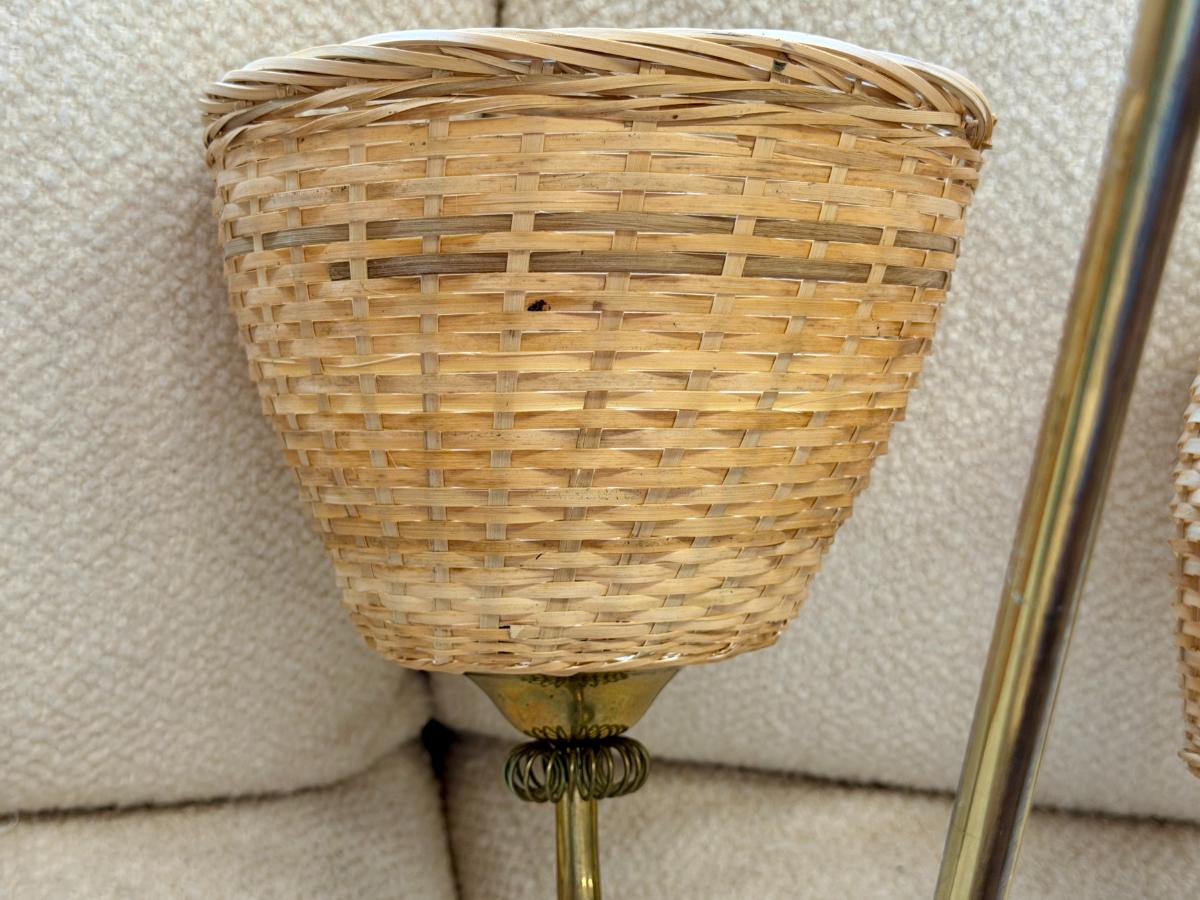 Mid-Century Itsu Five-Light Brass & Rattan Chandelier, Finland 1950