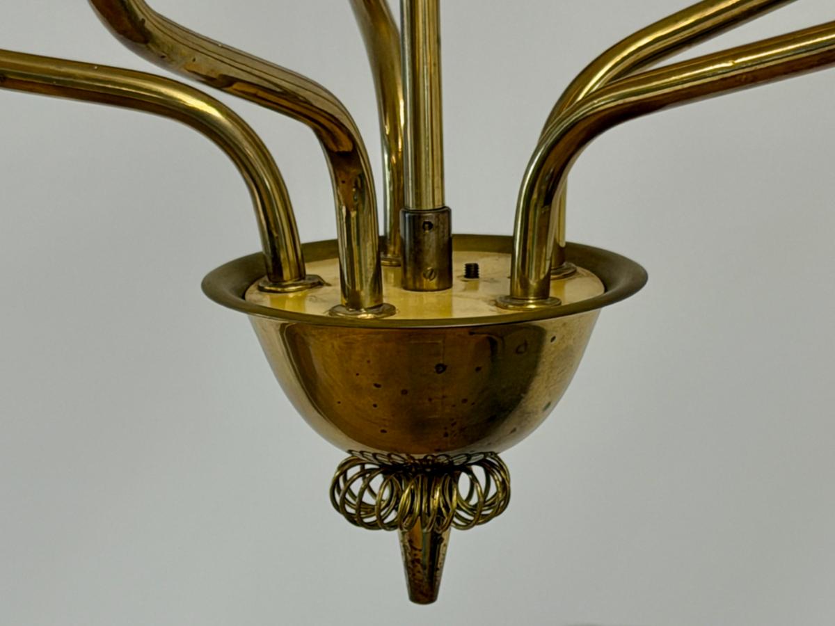 Mid-Century Itsu Five-Light Brass & Rattan Chandelier, Finland 1950