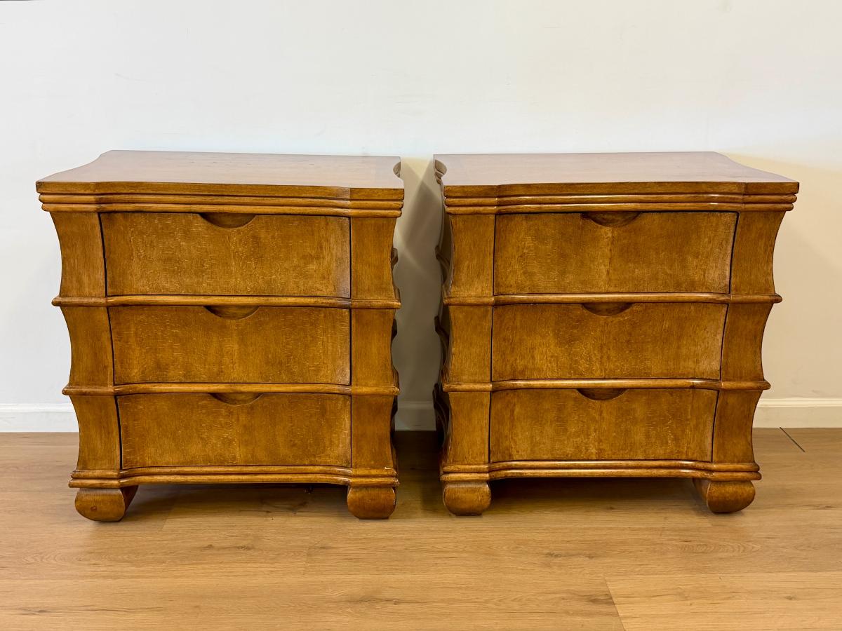 Bespoke Three Drawer Nightstands with Faux Bamboo Detail, Pair