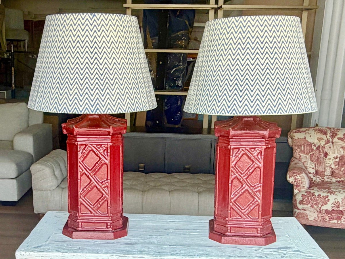 Red Faux-Bamboo Painted Pagoda Lamps with Chevron Shades