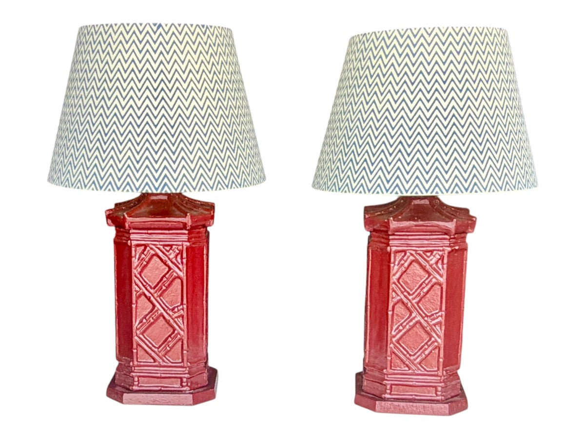 Red Faux-Bamboo Painted Pagoda Lamps with Chevron Shades