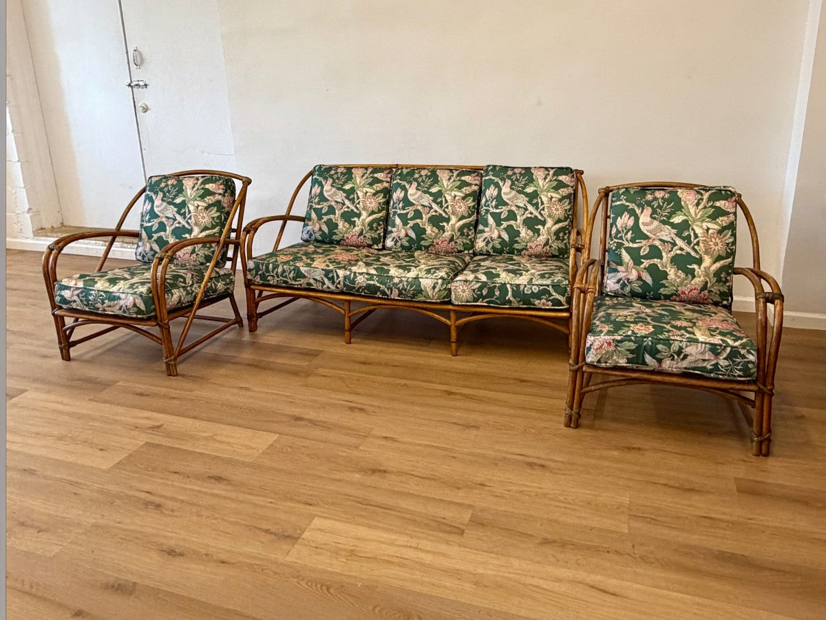 Vintage "1949" Heywood-Wakefield Rattan 3-Piece Sofa & Chairs Set