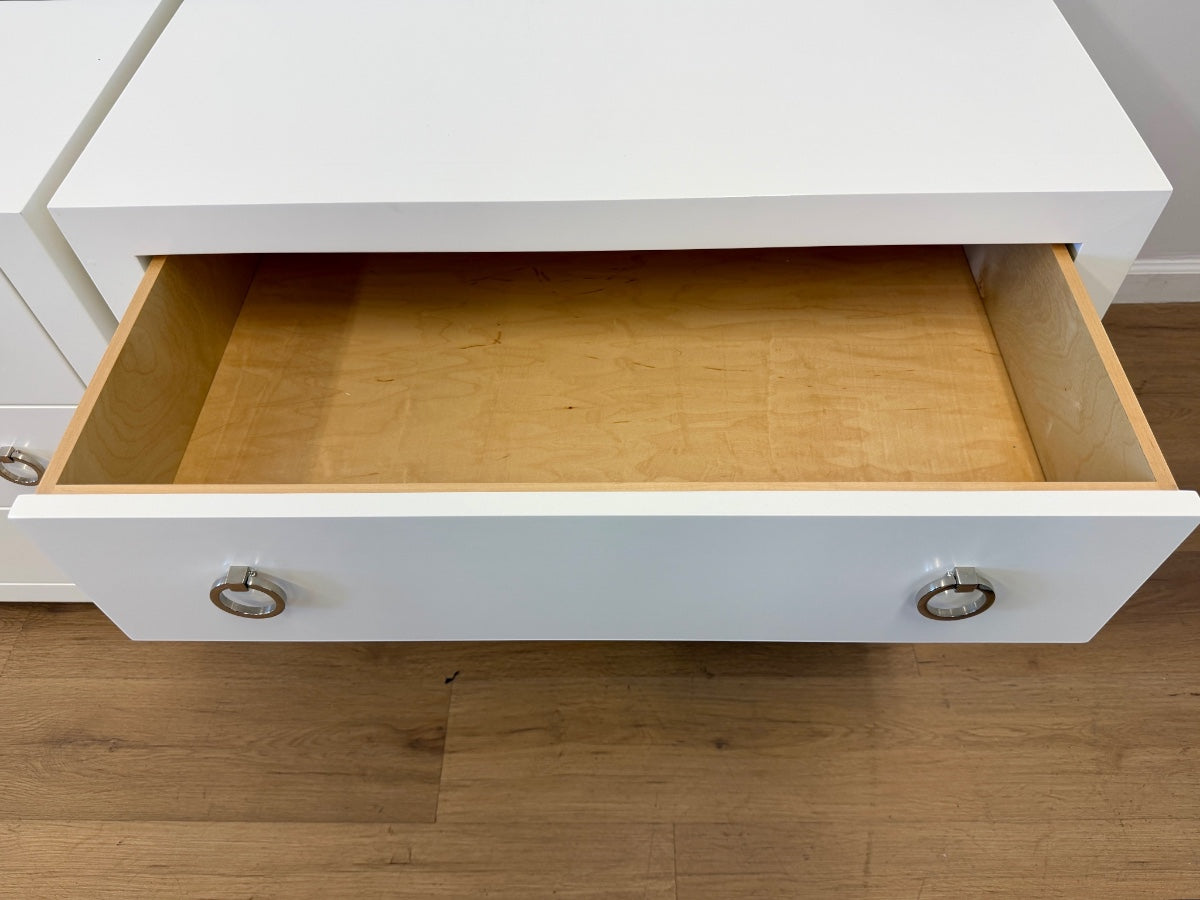 Lacquered “White Dove” Custom Bedside Tables, Pair