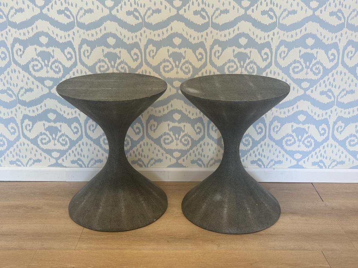 Dark Grey Shagreen Side Tables, Pair