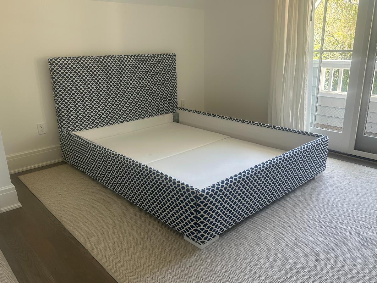 Custom Blue & White Upholstered Queen Bed