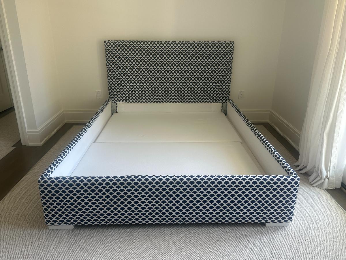 Custom Blue & White Upholstered Queen Bed