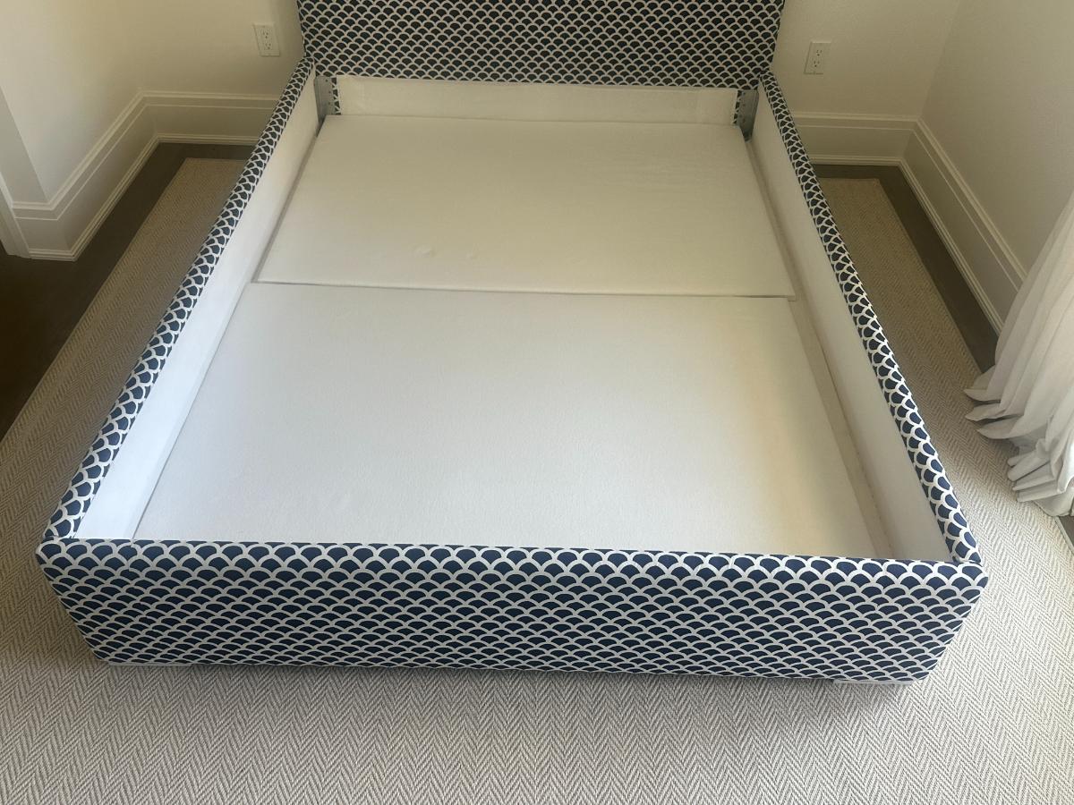 Custom Blue & White Upholstered Queen Bed