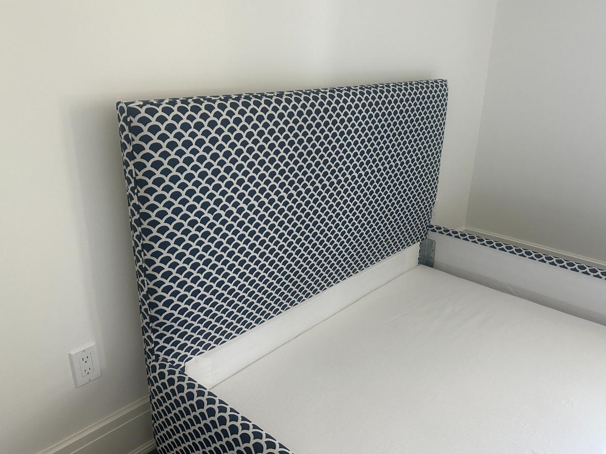 Custom Blue & White Upholstered Queen Bed