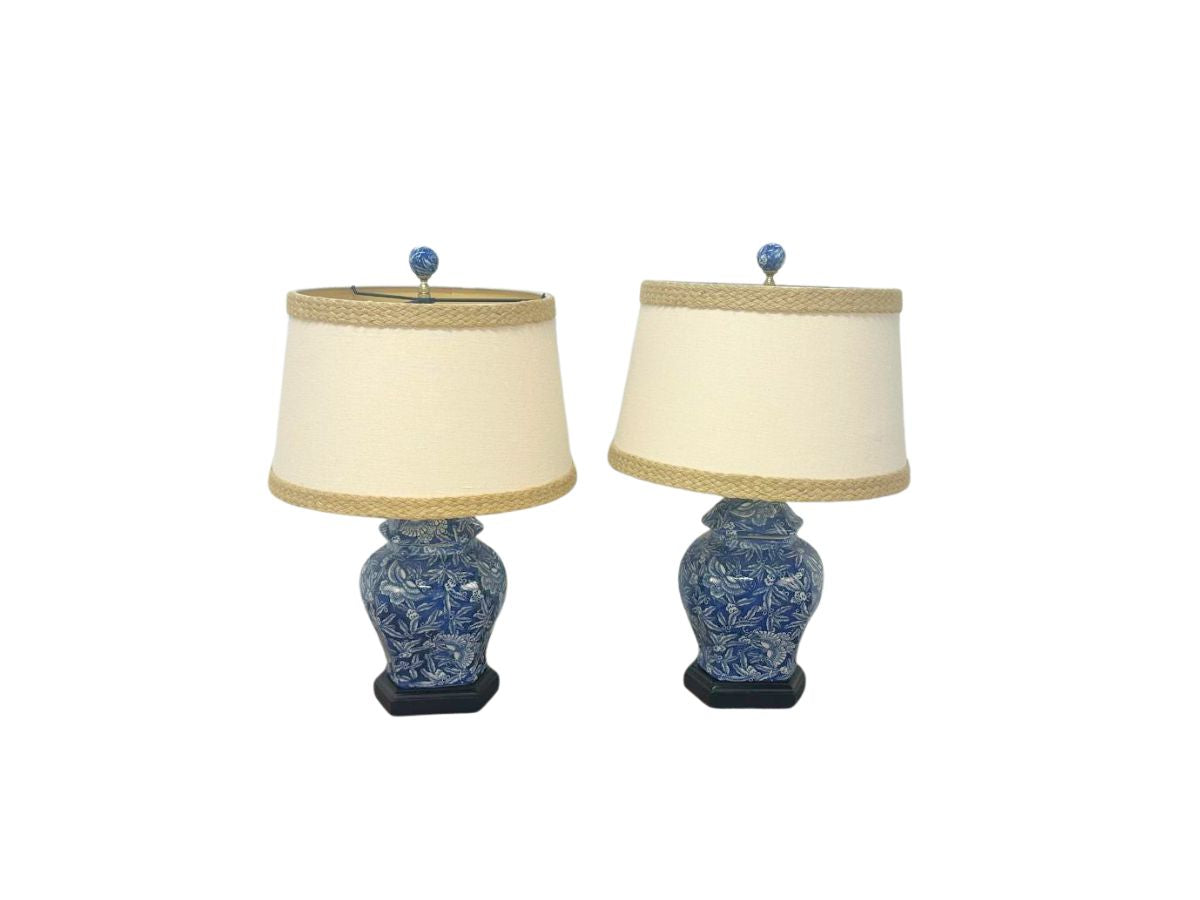 Blue & White Ceramic Lamps, Pair