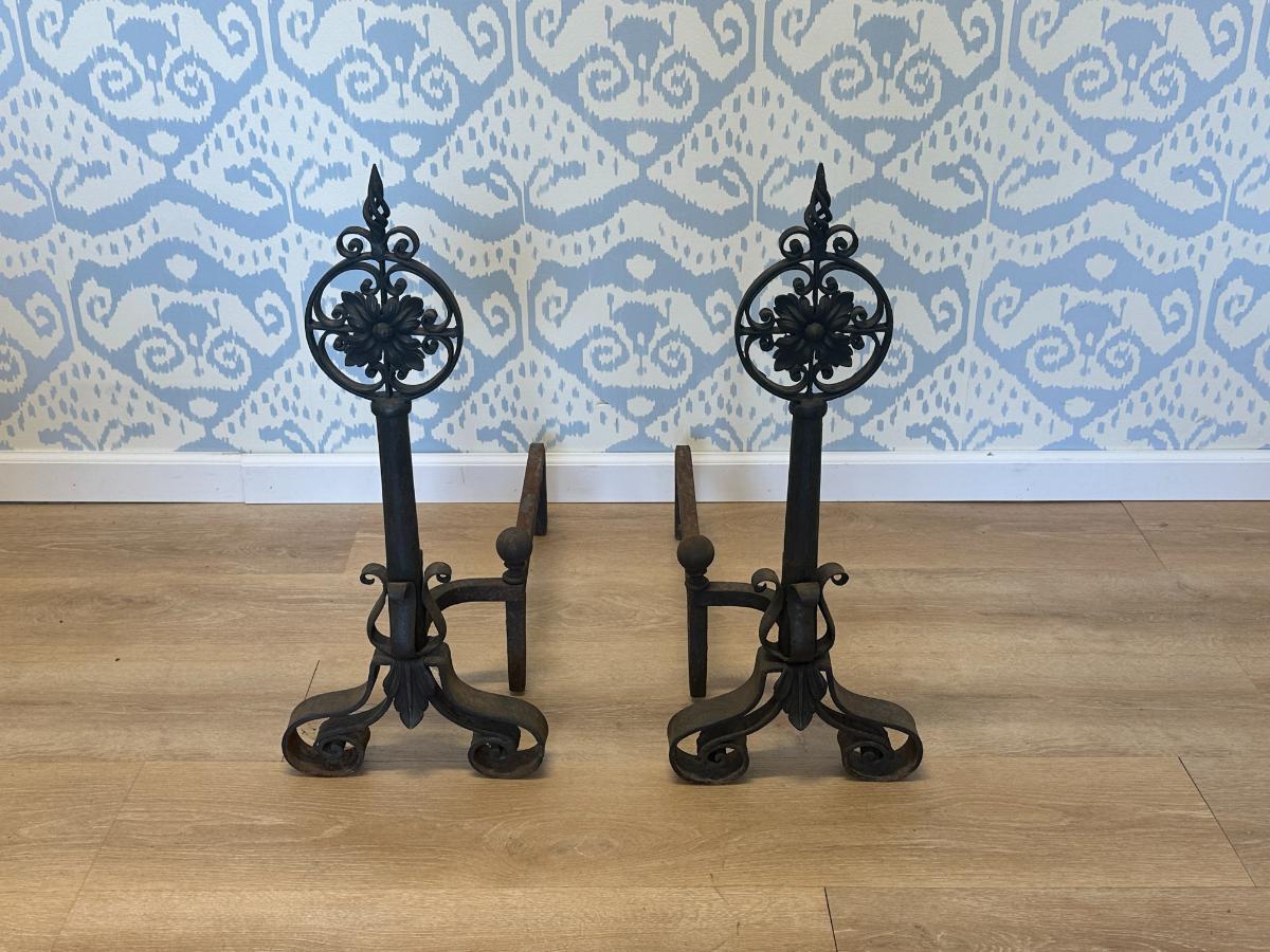 Large Cast Iron Floral Medallion Andirons