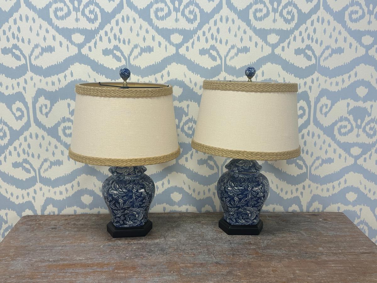Blue & White Ceramic Lamps, Pair