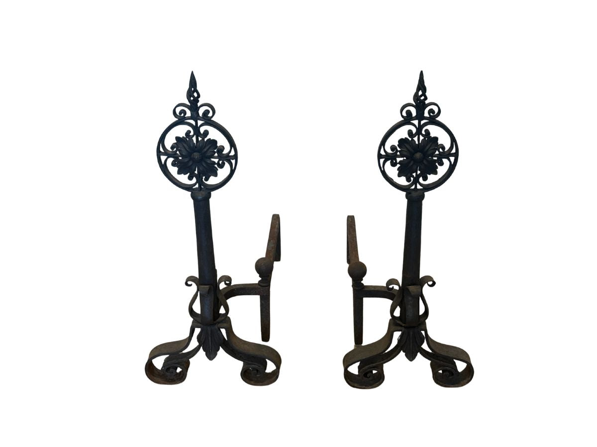 Large Cast Iron Floral Medallion Andirons