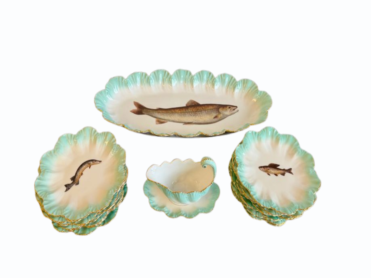Antique Limoges Fish Plates and Serving Pieces, Set of 15