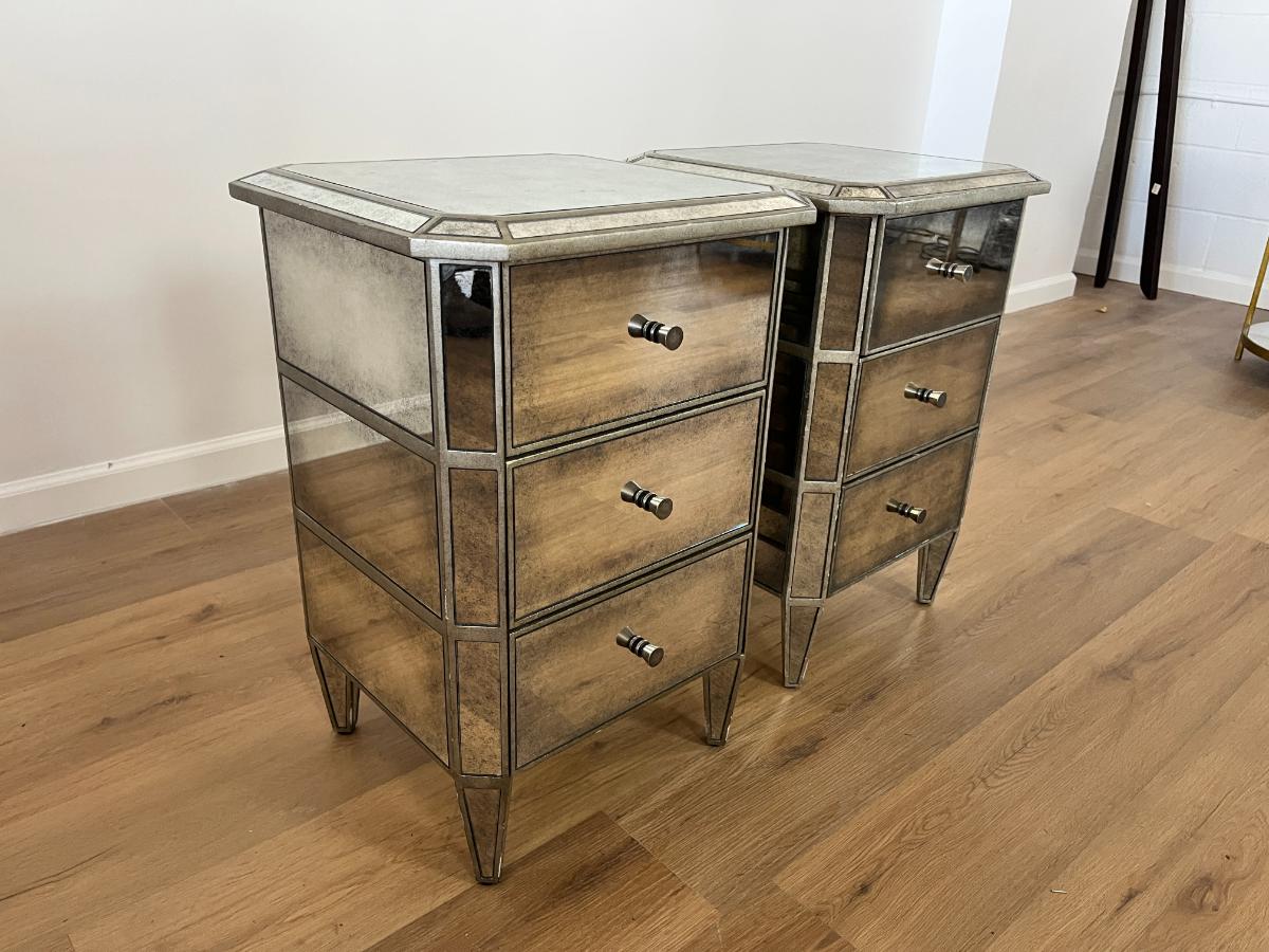 Restoration Hardware Ava Mirrored 3 Drawer Nightstands, Pair