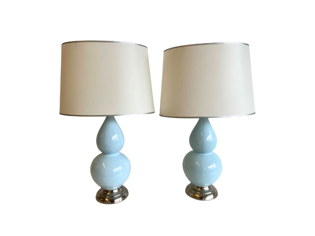 Small Double Gourd Baby Blue Table Lamps, Pair