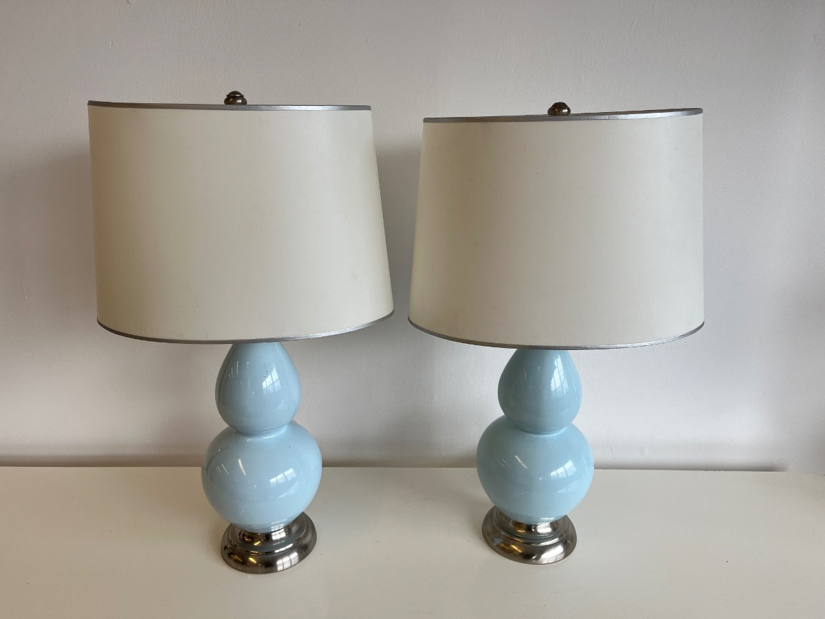 Small Double Gourd Baby Blue Table Lamps, Pair