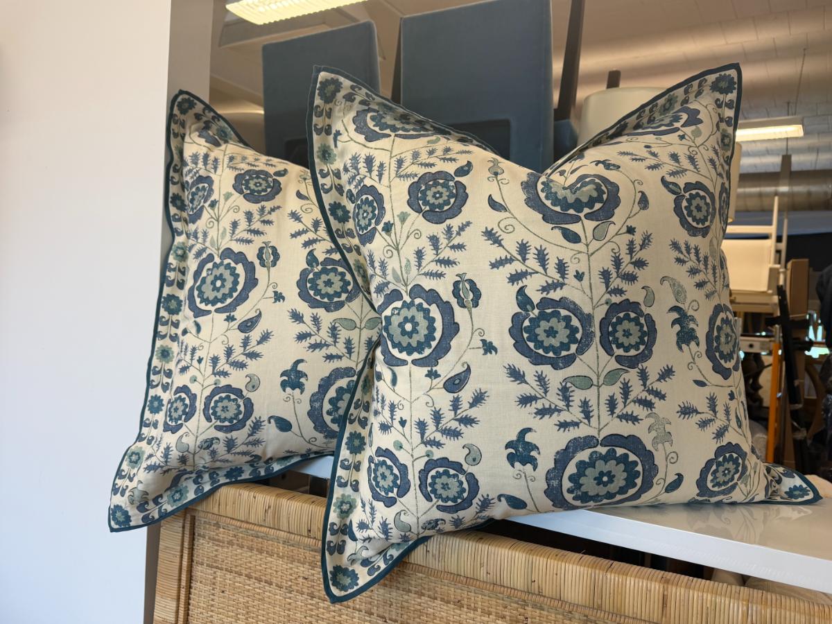 Penny Morrison Simla Blue Euro Pillows and Queen Bedskirt