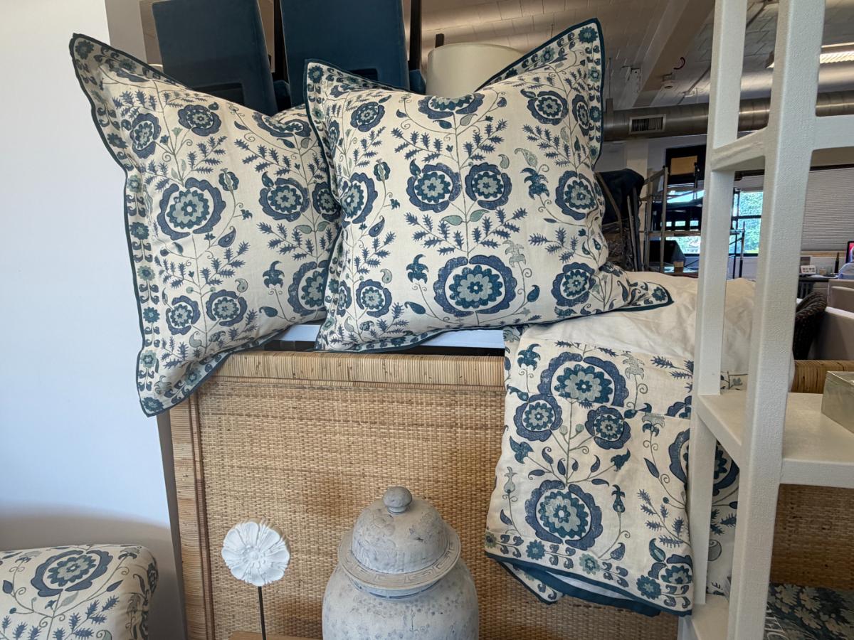 Penny Morrison Simla Blue Euro Pillows and Queen Bedskirt