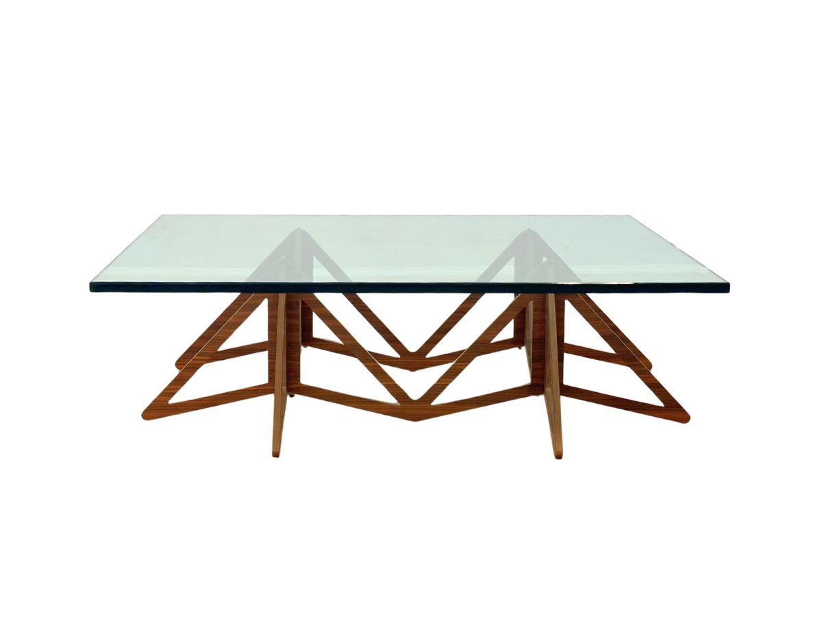 Vintage Walnut Base Cocktail Table with Square Glass Top