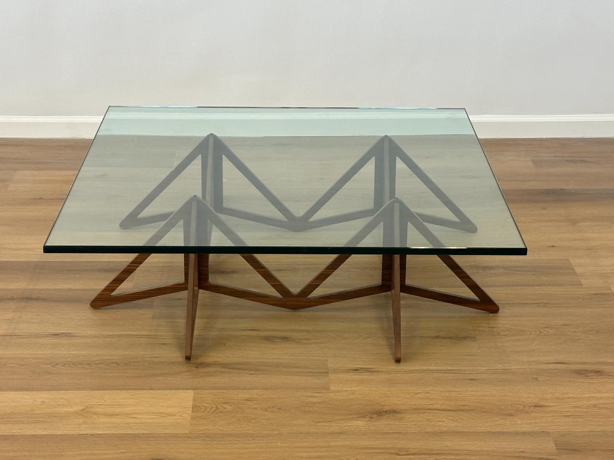 Vintage Walnut Base Cocktail Table with Square Glass Top