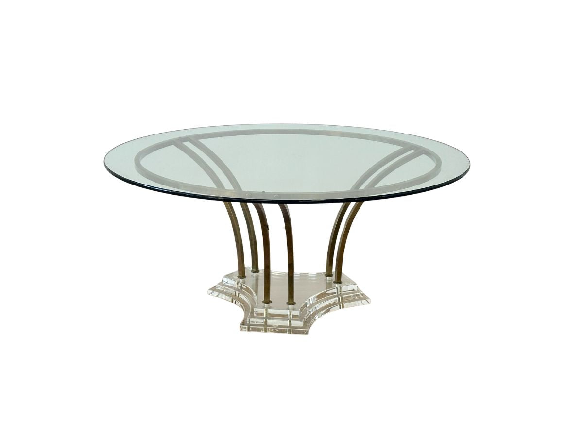 Mid Century Modern Round Glass Top Coffee Table with Brass and Lucite Base