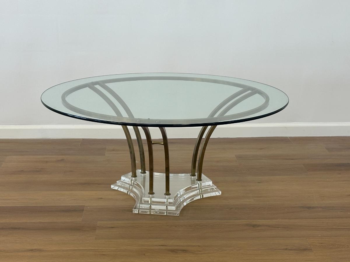 Mid Century Modern Round Glass Top Coffee Table with Brass and Lucite Base