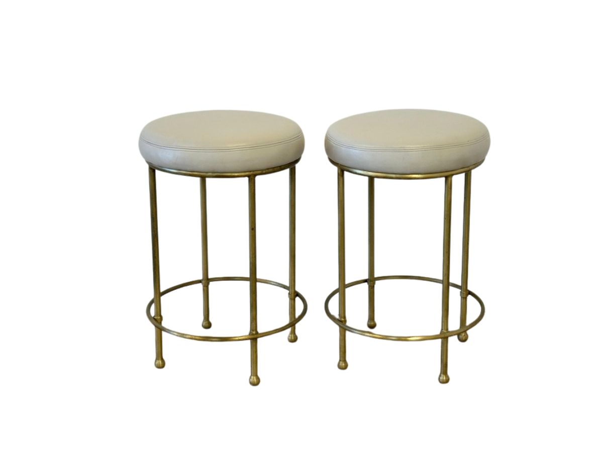Round Leather and Brass Counter Stools, Pair