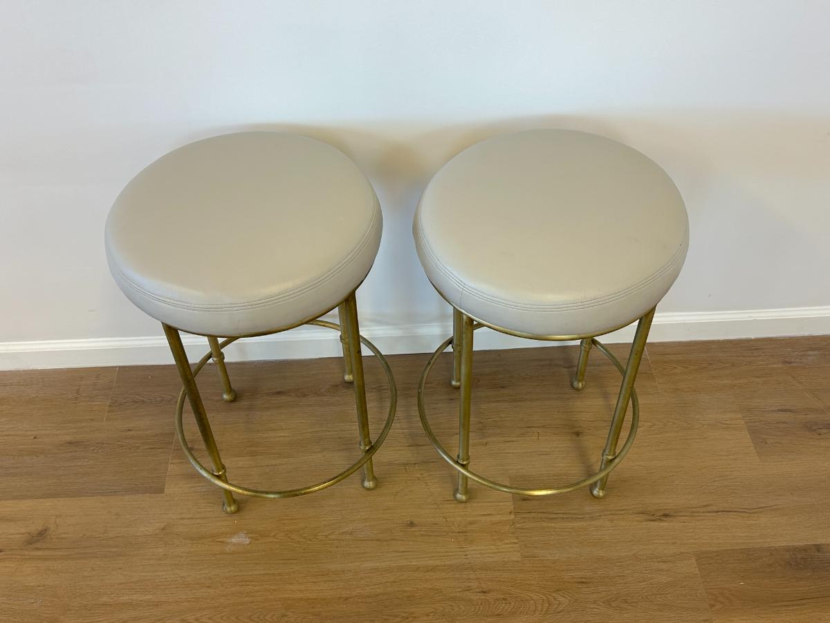 Round Leather and Brass Counter Stools, Pair