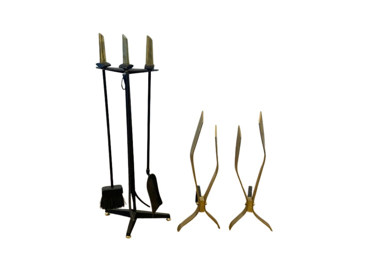 Brass Andirons in the Style of Donald Deskey with Matching Tools