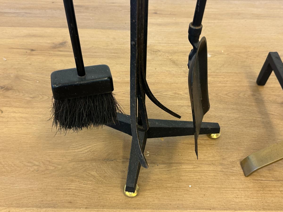 Brass Andirons in the Style of Donald Deskey with Matching Tools