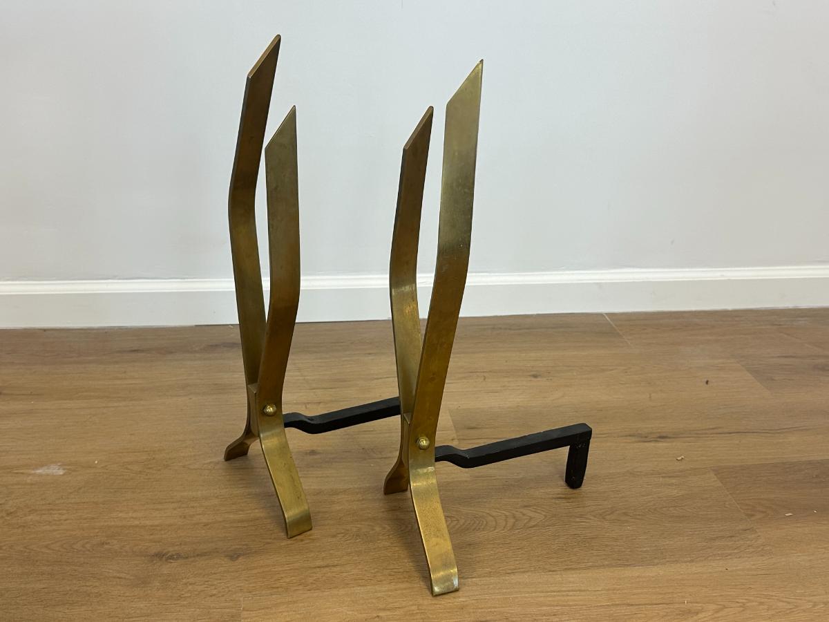Brass Andirons in the Style of Donald Deskey with Matching Tools