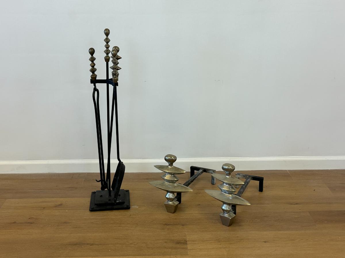 Alberto Giacometti Style Andirons with Matching Tools