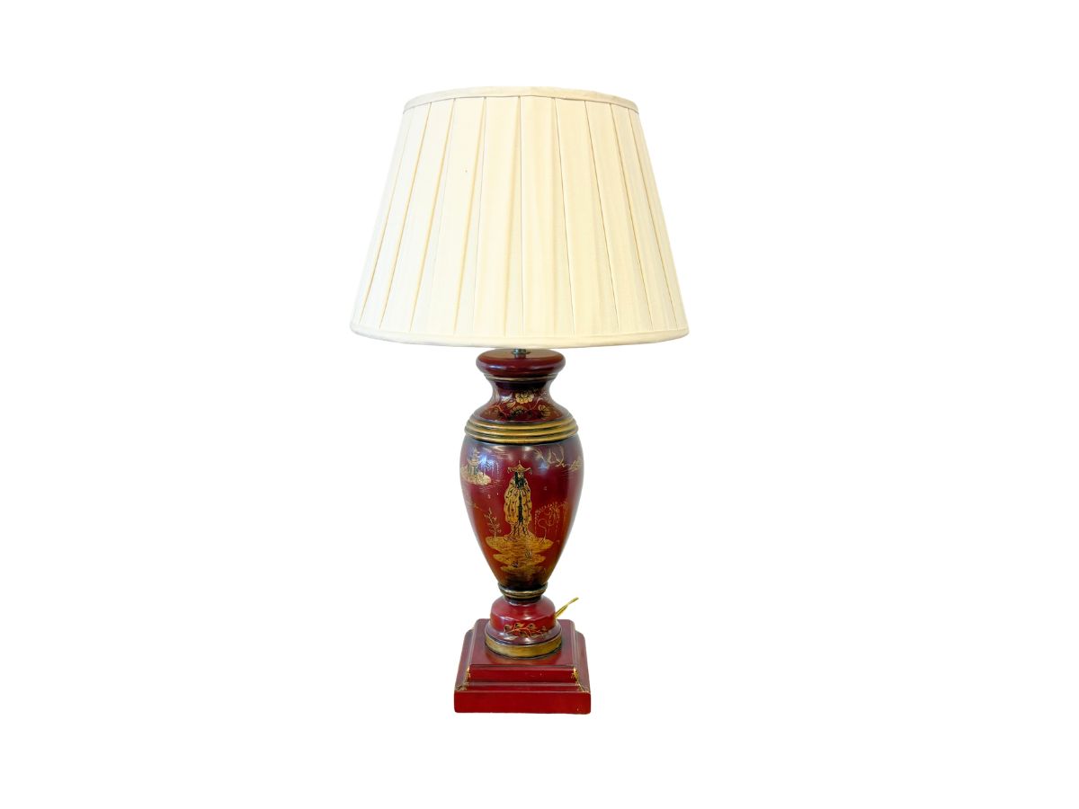 Red and Gold Chinoiserie Table Lamp with Pleated Shade