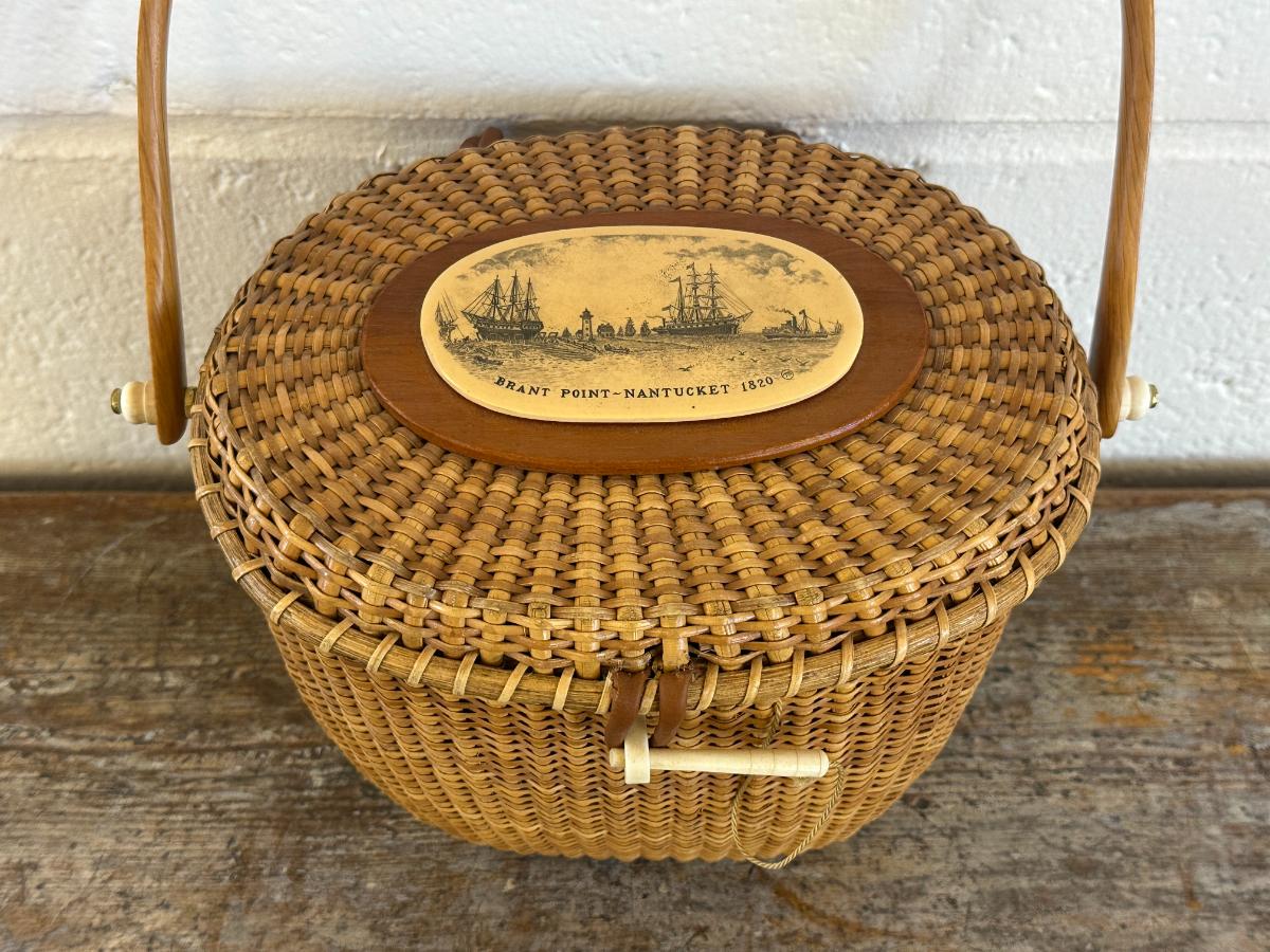 Nantucket Lightship Basket Purse, Signed Farnum, Brant Point, Dual Sides