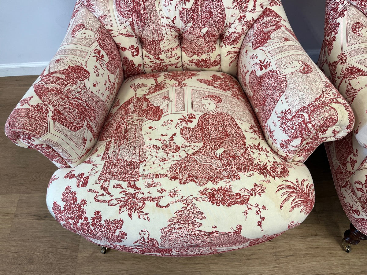 Custom Upholstered Edward Ferrell Tufted Back Club Chairs & Ottoman