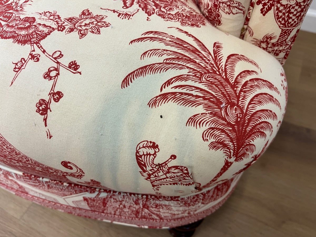 Custom Upholstered Edward Ferrell Tufted Back Club Chairs & Ottoman