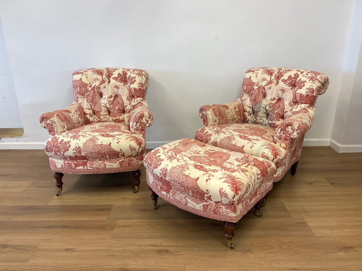 Custom Upholstered Edward Ferrell Tufted Back Club Chairs & Ottoman