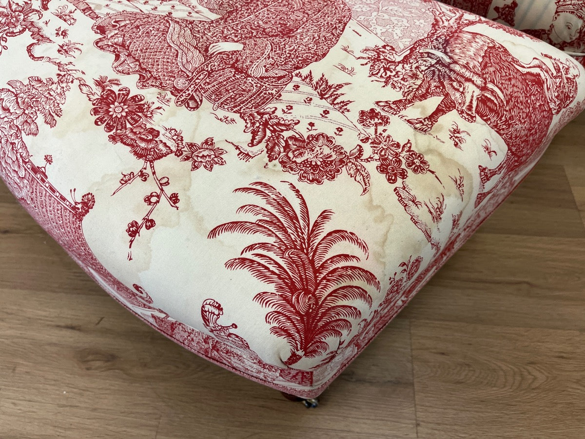 Custom Upholstered Edward Ferrell Tufted Back Club Chairs & Ottoman