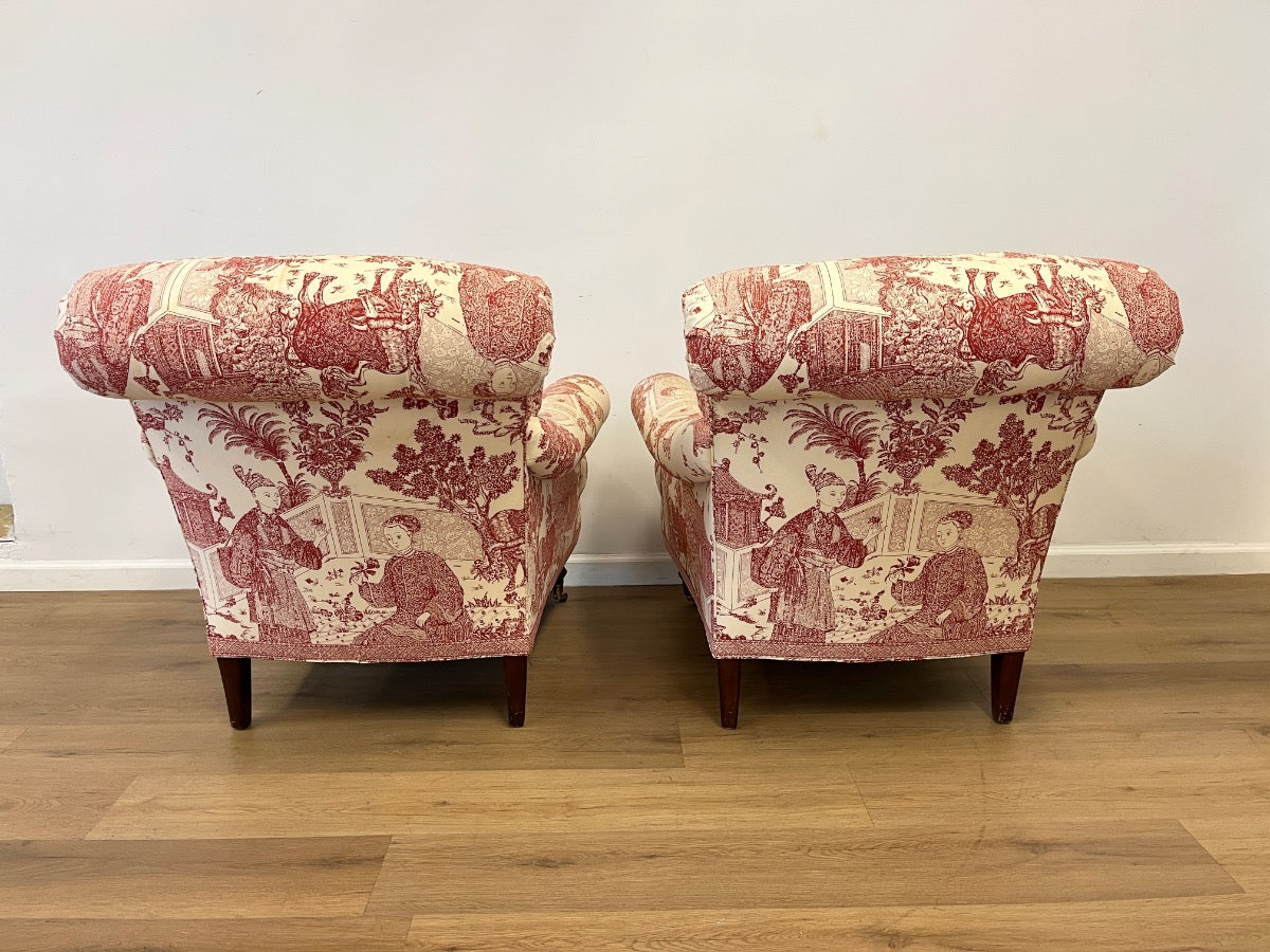Custom Upholstered Edward Ferrell Tufted Back Club Chairs & Ottoman