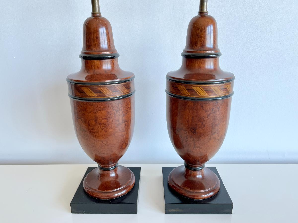 Regency Style Marquetry Inlaid Burl Wood Table Lamps, Pair