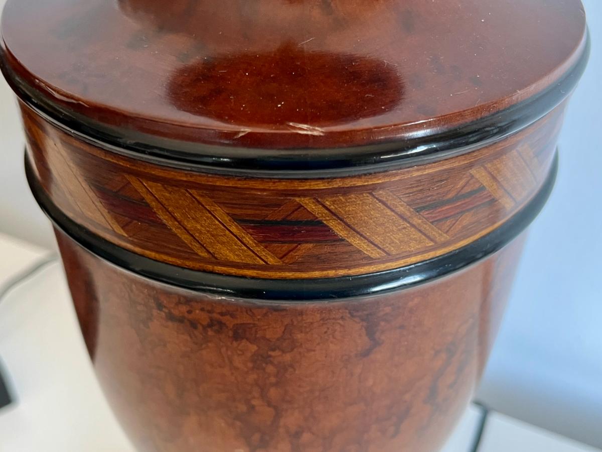 Regency Style Marquetry Inlaid Burl Wood Table Lamps, Pair